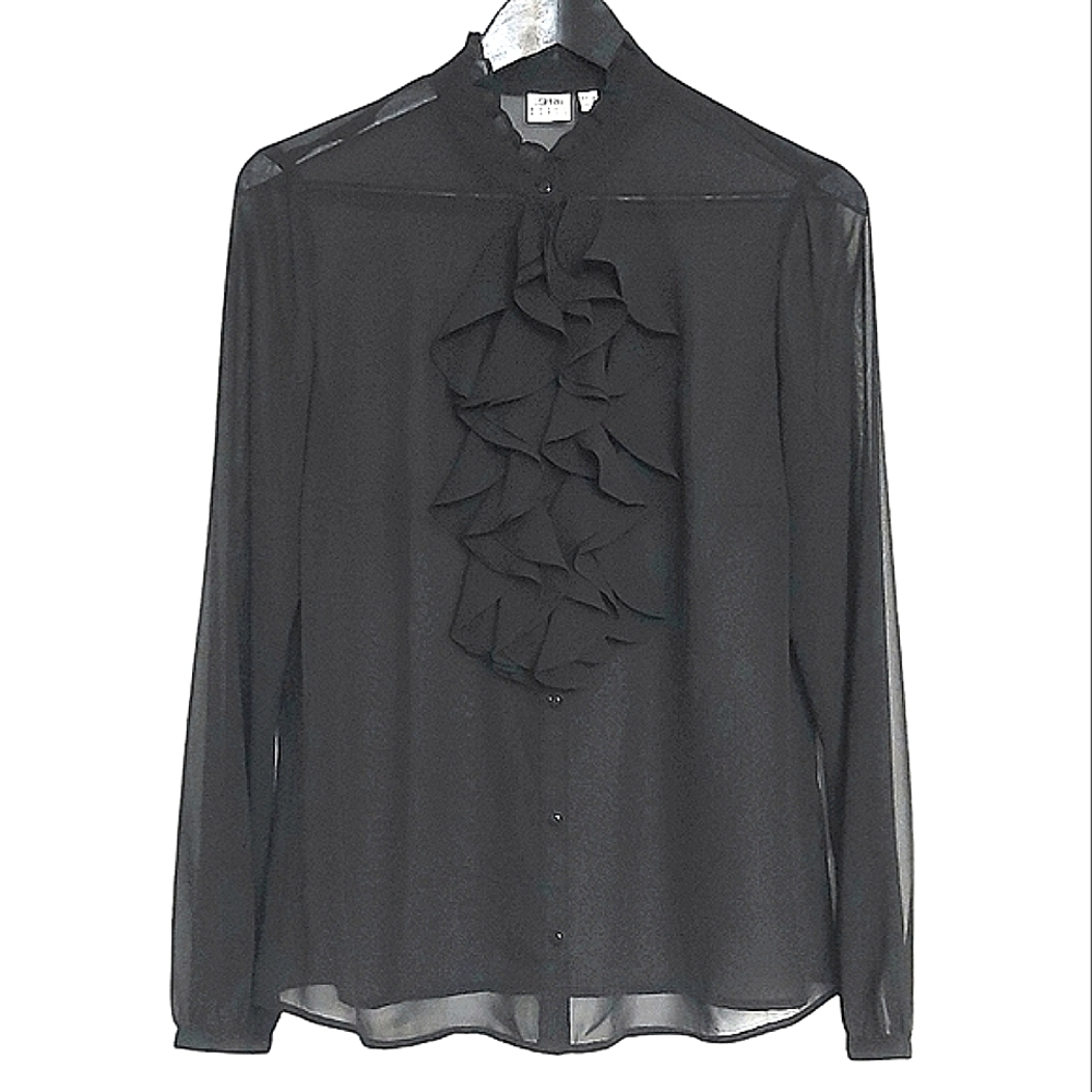 Esprit blouse womens L black sheer ruffle front high collar